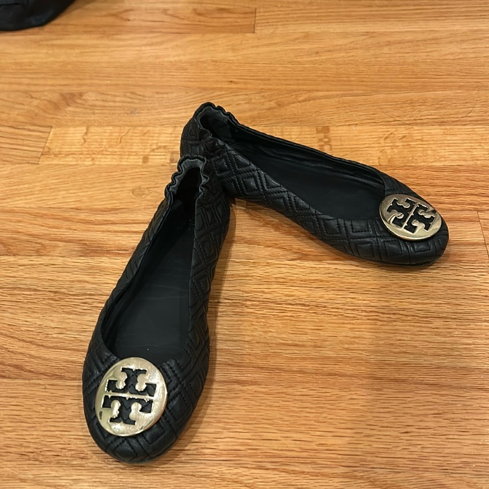 Tory Burch Quilted Minnie Nappa Leather Gold Tone Logo Ballet Flats